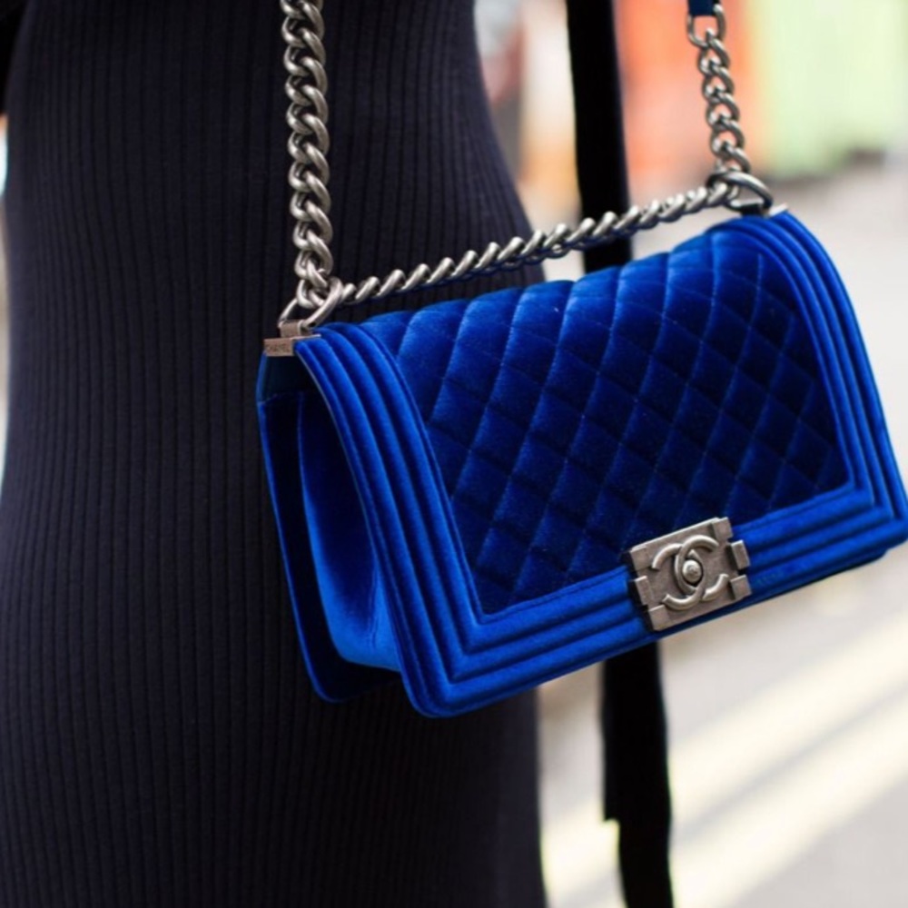 Chanel Boy Ruthenium Small BlueVelvet Shoulder Bag - Picture 12 of 16
